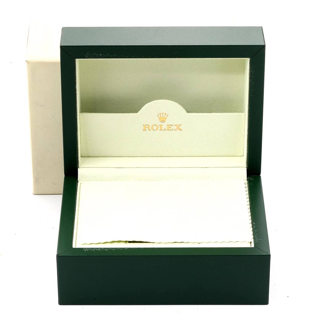 The image shows an open green Rolex watch box for a Mid-Size model, with the inner cushion removed.
