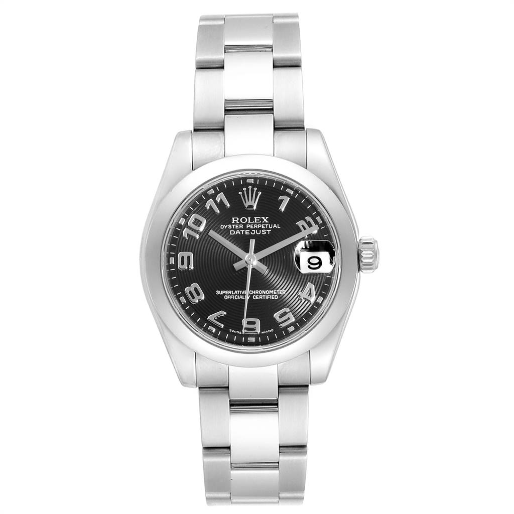 This Rolex Mid-Size 178240 Women's Stainless Steel Black Dial 178240 Women's Stainless Steel Black Dial Oyster Perpetual Datejust is shown from a front angle, displaying the watch face, bracelet, and date indicator.