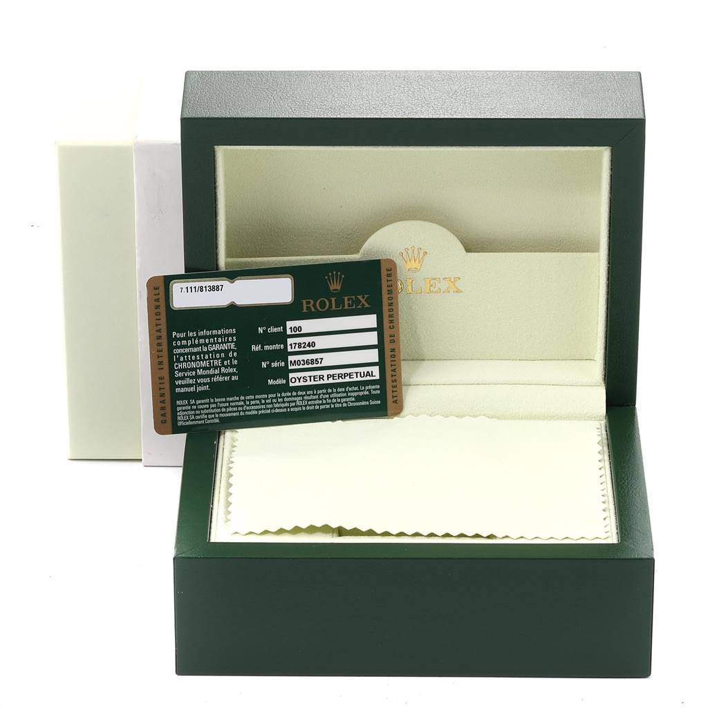 This image shows a Rolex Mid-Size 178240 Women's Stainless Steel White Dial 178240 Women's Stainless Steel White Dial watch box, warranty card, and cloth from a front angle.