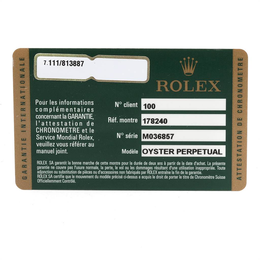 This image shows the guarantee card for the Rolex Oyster Perpetual Mid-Size model.