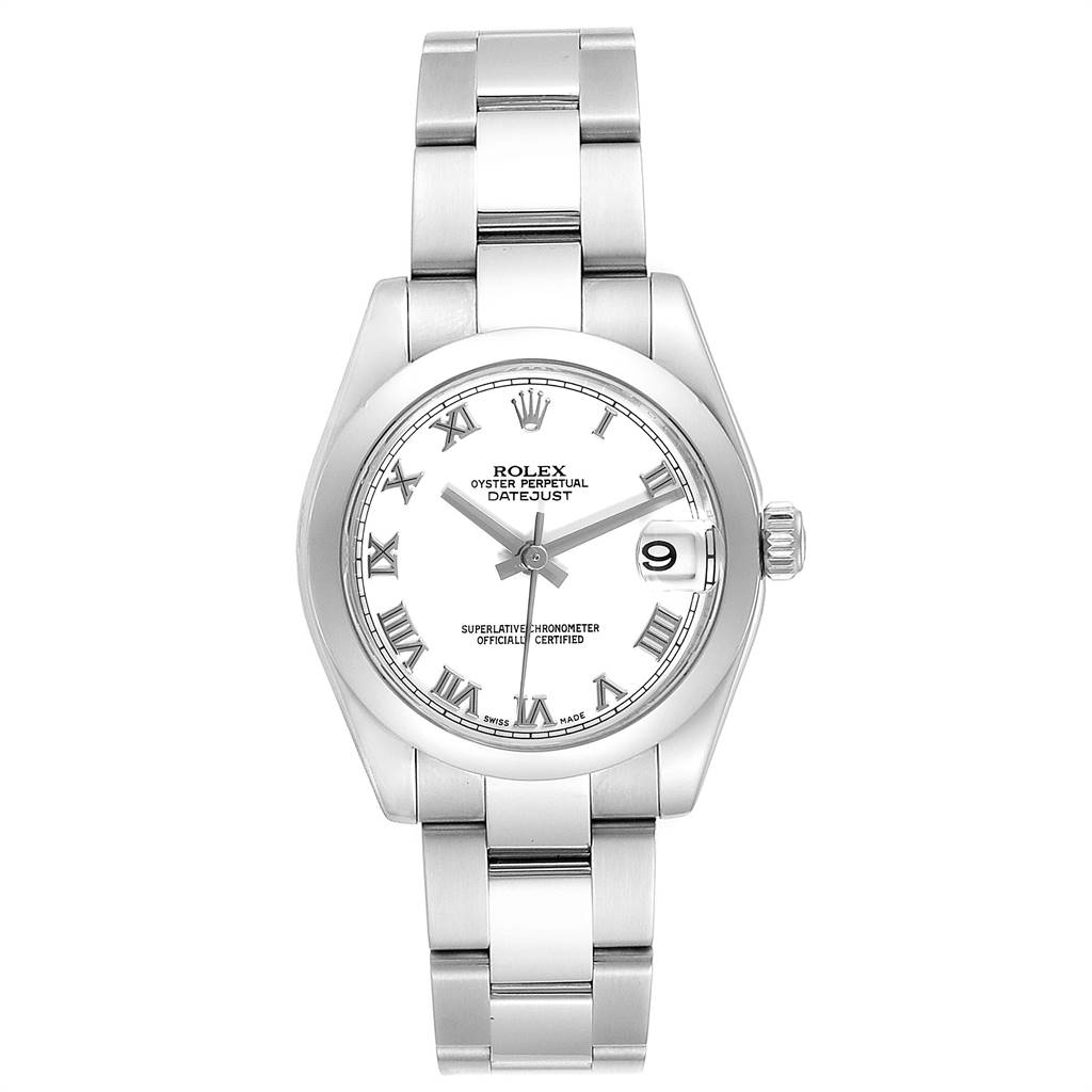 The image shows a front view of a Rolex Oyster Perpetual Datejust Mid-Size watch, displaying the dial, bracelet, and date window.