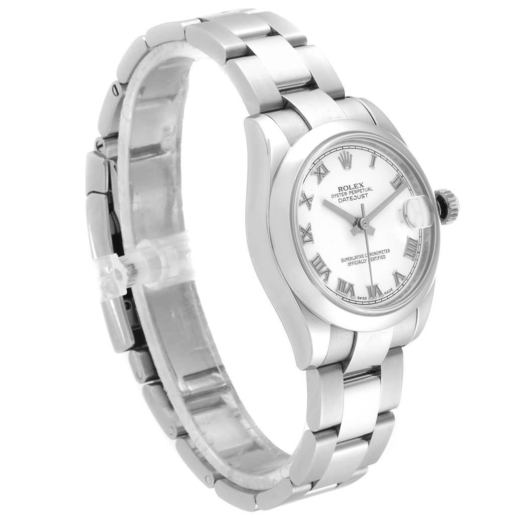 The image shows the side angle of a Rolex Mid-Size 178240 Women's Stainless Steel White Dial 178240 Women's Stainless Steel White Dial Datejust watch, highlighting its bezel, dial, and bracelet.