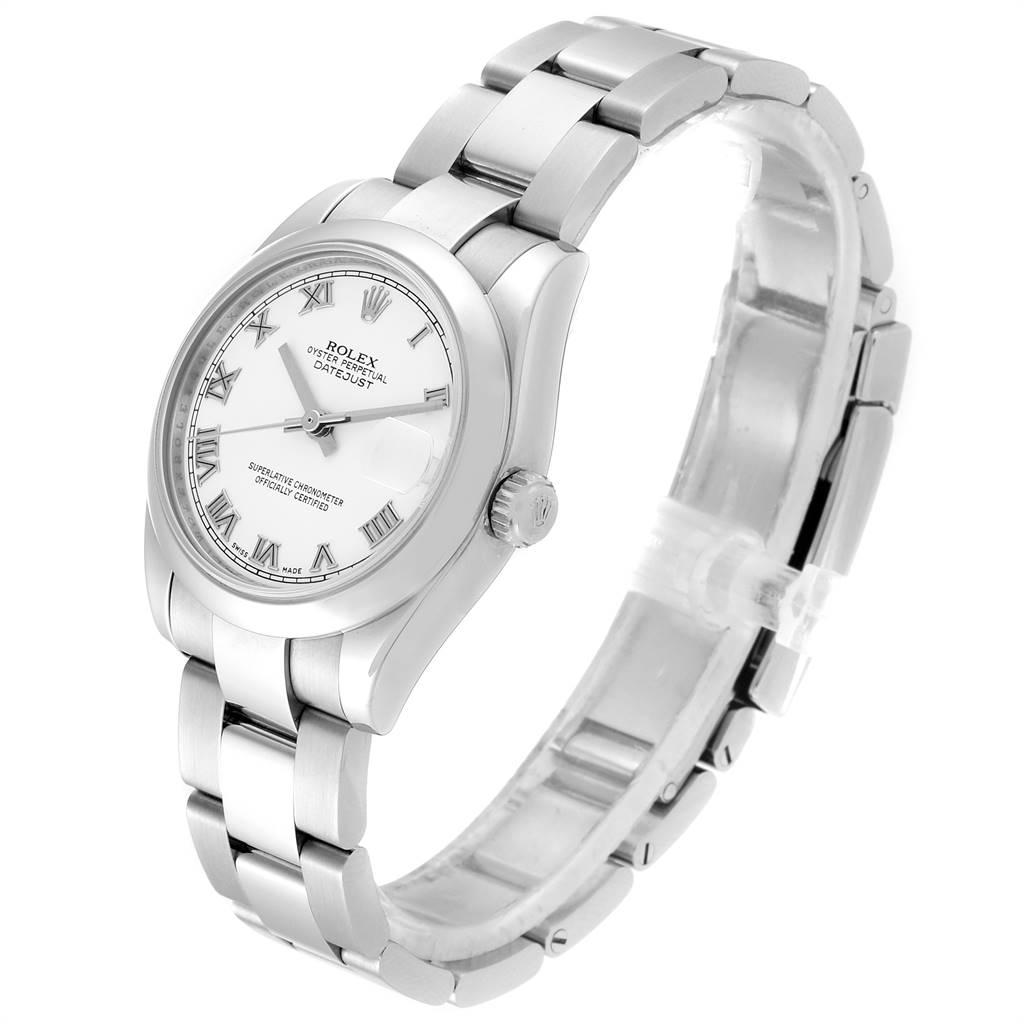 The Rolex Mid-Size 178240 Women's Stainless Steel White Dial 178240 Women's Stainless Steel White Dial watch is shown at a three-quarter angle, highlighting the face, bracelet, and crown.