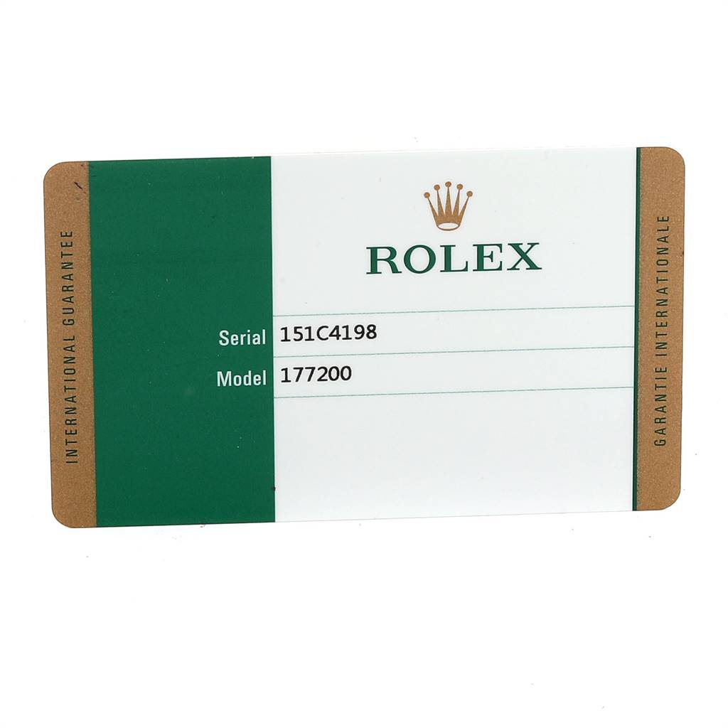 This image shows a Rolex international guarantee card for the Mid-Size model 177200 with serial number 151C4198.