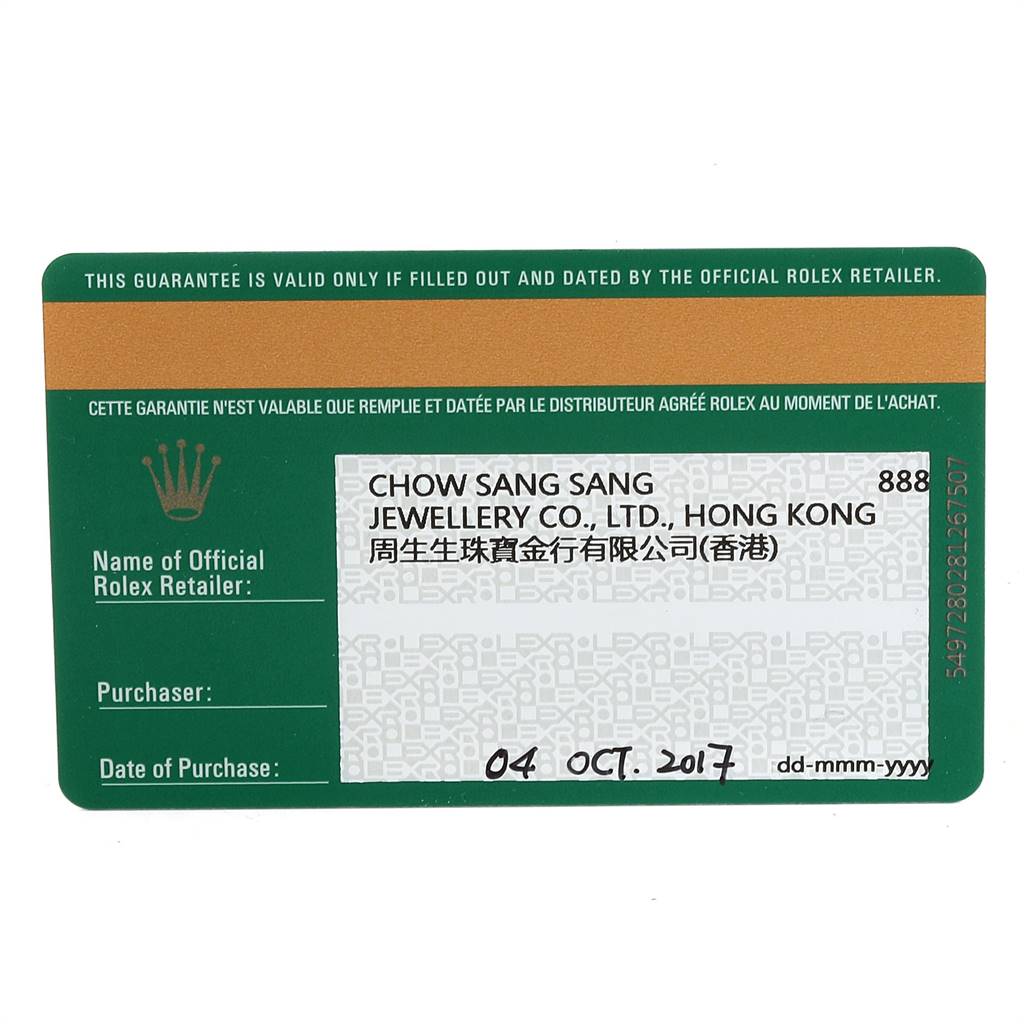This image shows a warranty card for a Mid-Size Rolex watch, issued by an official Rolex retailer in Hong Kong.