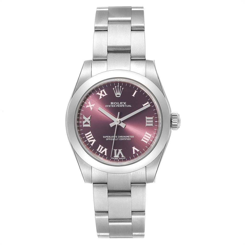 This image shows a front view of a Rolex Oyster Perpetual Mid-Size watch, highlighting the dial, bezel, and bracelet.