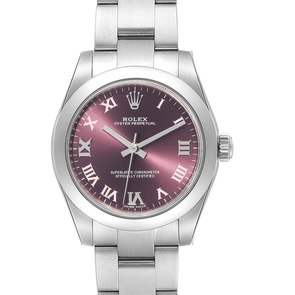 The image shows a front view of a Rolex Oyster Perpetual Mid-Size watch, highlighting the dial, bezel, and part of the bracelet.