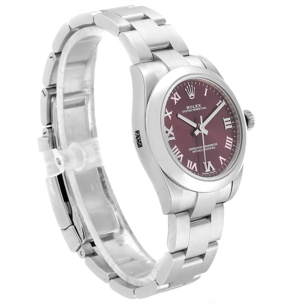 The image shows a side angle of a Mid-Size Rolex watch featuring its bracelet, case, and purple dial with Roman numerals.