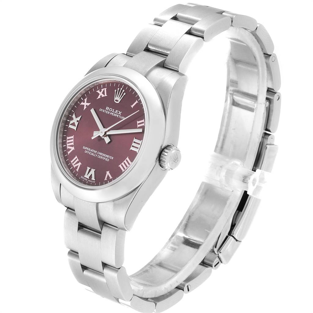 This image shows a side view of the Rolex Mid-Size 177200 Women's Stainless Steel Burgundy Dial 177200 Women's Stainless Steel Burgundy Dial model, displaying the dial, case, crown, and bracelet.