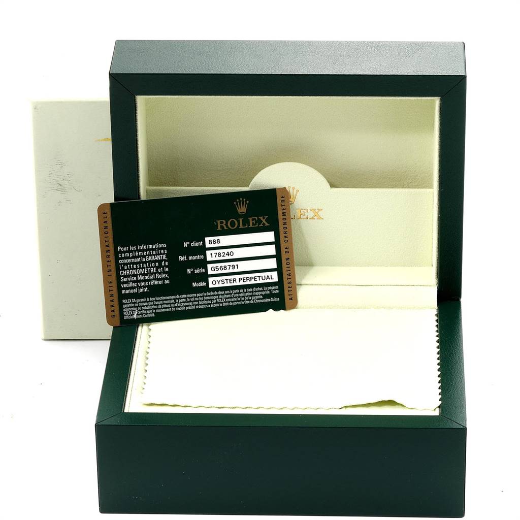 The image shows the open box and guarantee card for a Mid-Size Rolex Oyster Perpetual watch, model 178240.