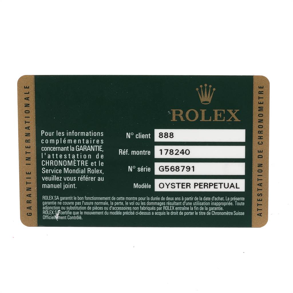The image shows a warranty card for a Mid-Size Rolex Oyster Perpetual model 178240.