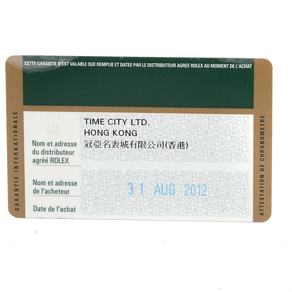 This image shows a warranty card for a Rolex Mid-Size 178240 Women
s Stainless Steel Black Dial 178240 Women
s Stainless Steel Black Dial model watch, including details of the distributor and purchase date.