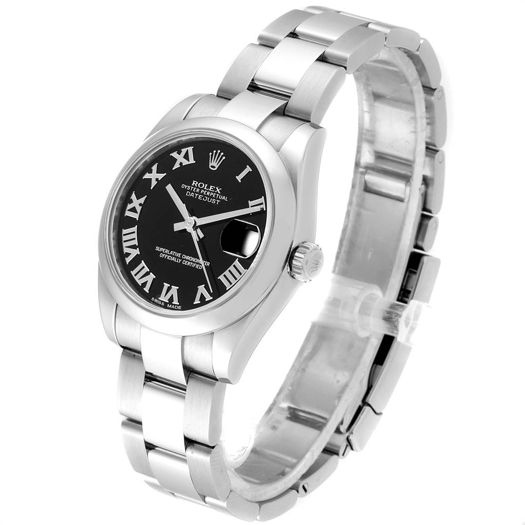 The Rolex Mid-Size 178240 Women
s Stainless Steel Black Dial 178240 Women
s Stainless Steel Black Dial model is shown at a three-quarter angle, highlighting the black dial, bezel, crown, and stainless steel bracelet.