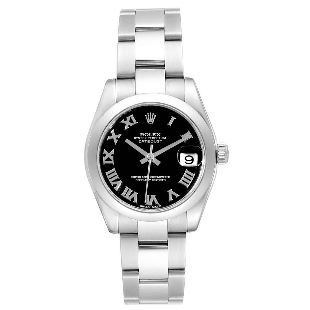 The image shows a front view of the Rolex Mid-Size 178240 Women
s Stainless Steel Black Dial 178240 Women
s Stainless Steel Black Dial Oyster Perpetual Datejust watch, highlighting its face, bezel, and bracelet.