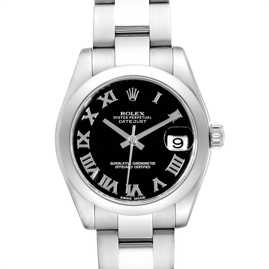 The image displays a front view of the Rolex Mid-Size 178240 Women
s Stainless Steel Black Dial 178240 Women
s Stainless Steel Black Dial Oyster Perpetual Datejust watch, focusing on the face, bezel, and partial bracelet.