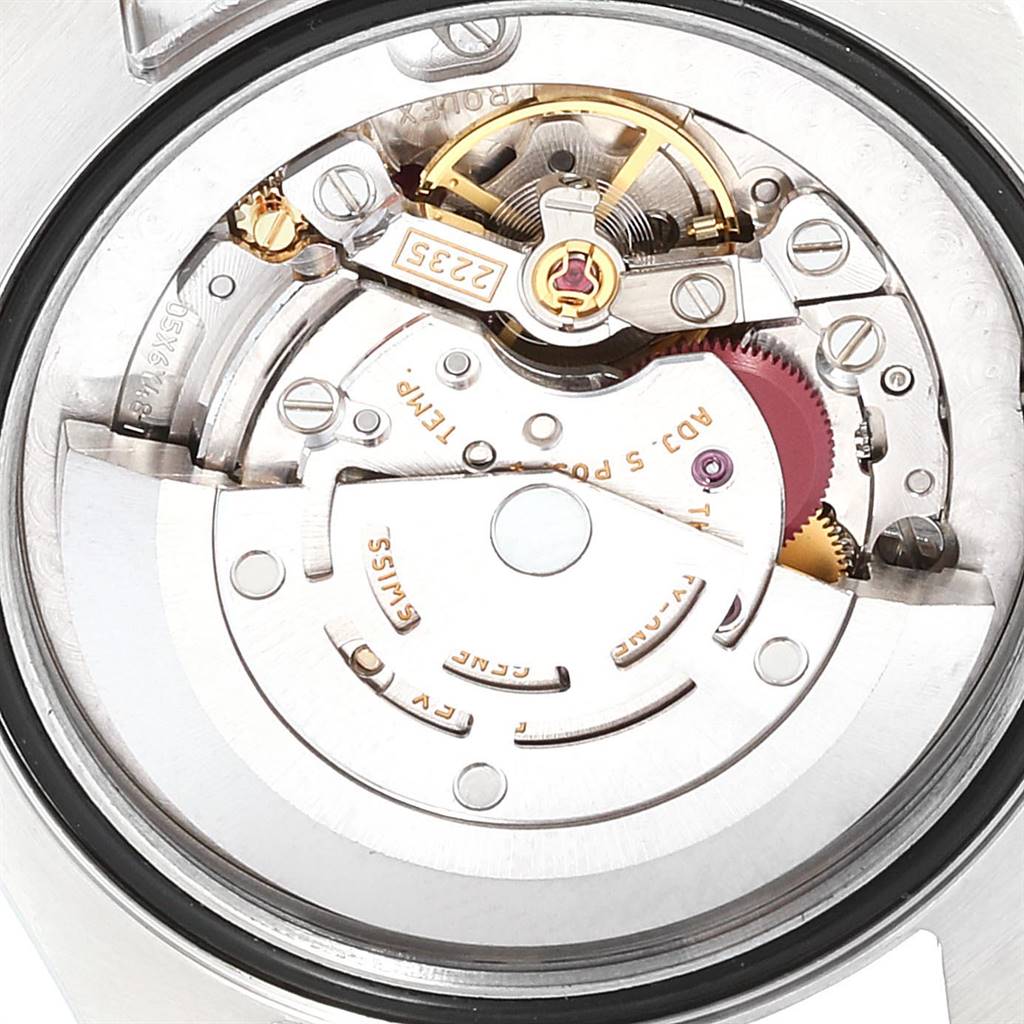 This image shows the movement mechanism of a Rolex Mid-Size 178383 Women
s Steel and Gold (two tone) Mother of Pearl Dial 178383 Women
s Steel and Gold (two tone) Mother of Pearl Dial watch from a top-down angle.