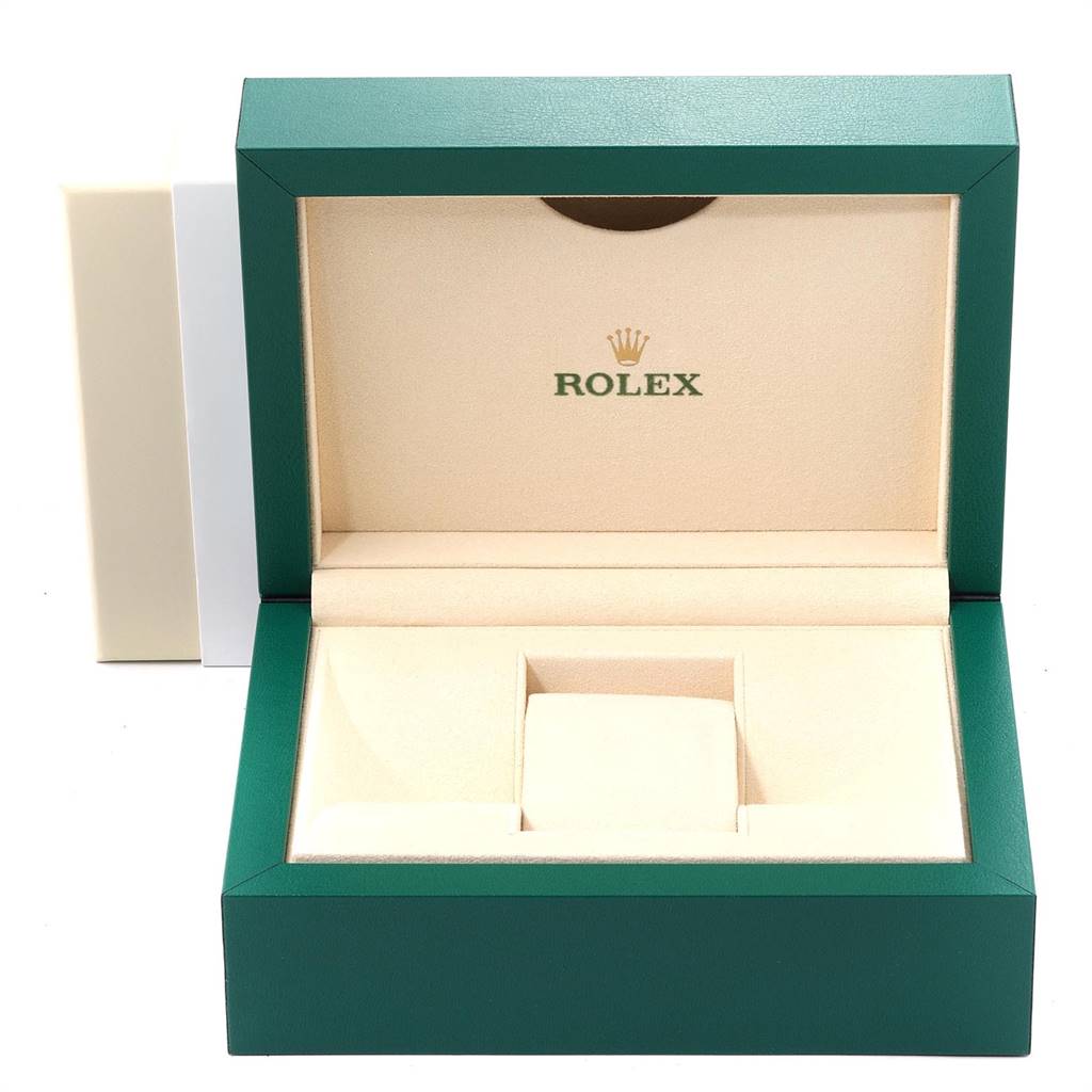 This image shows an open green Rolex box, specifically designed for a Mid-Size model watch, showcasing the interior padding and compartments.