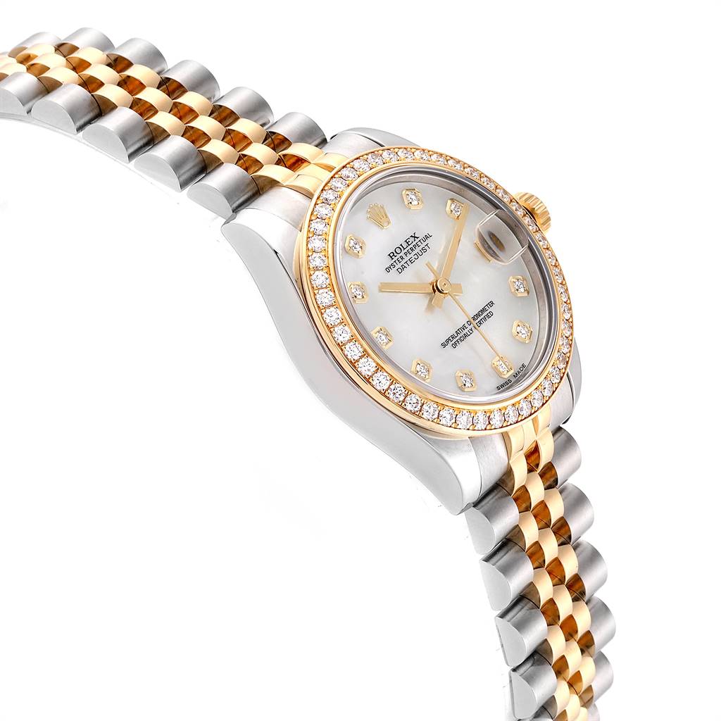 This image shows a Rolex Mid-Size 178383 Women
s Steel and Gold (two tone) Mother of Pearl Dial 178383 Women
s Steel and Gold (two tone) Mother of Pearl Dial model from an angled top-right view, displaying its bracelet, diamond bezel, and dial.