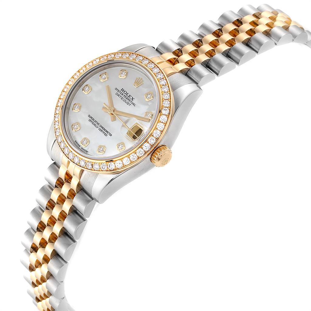 The Rolex Mid-Size 178383 Women
s Steel and Gold (two tone) Mother of Pearl Dial 178383 Women
s Steel and Gold (two tone) Mother of Pearl Dial model watch is shown at an angle displaying the face, bezel, crown, and a partial view of the bracelet.
