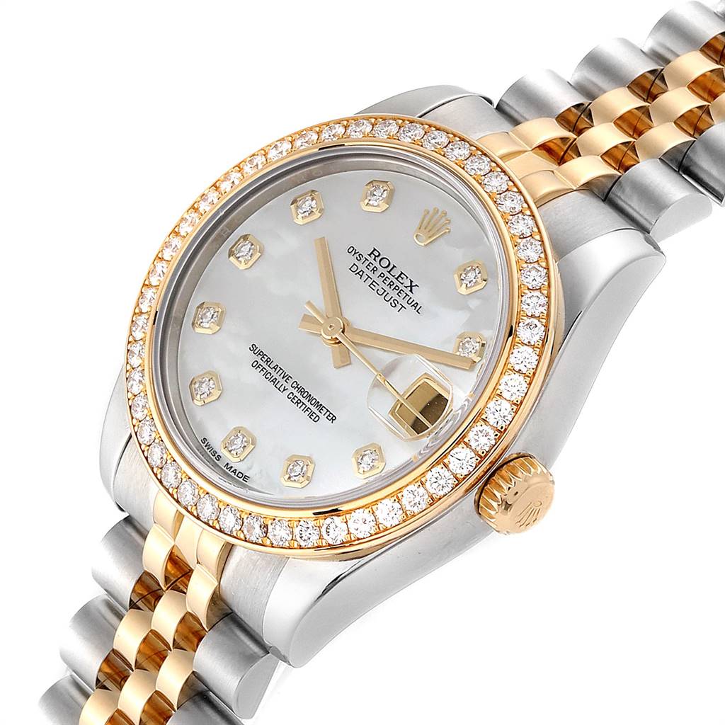 The image shows a Rolex Mid-Size 178383 Women
s Steel and Gold (two tone) Mother of Pearl Dial 178383 Women
s Steel and Gold (two tone) Mother of Pearl Dial Datejust watch at an angled view, highlighting its face, bezel, and bracelet.
