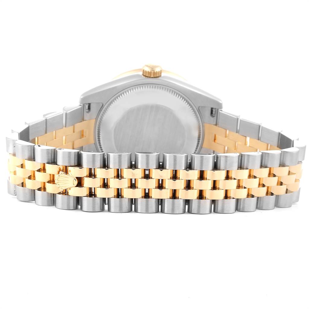 The image shows the back and bracelet of a Rolex Mid-Size 178383 Women
s Steel and Gold (two tone) Mother of Pearl Dial 178383 Women
s Steel and Gold (two tone) Mother of Pearl Dial model watch, featuring a two-tone metal design.