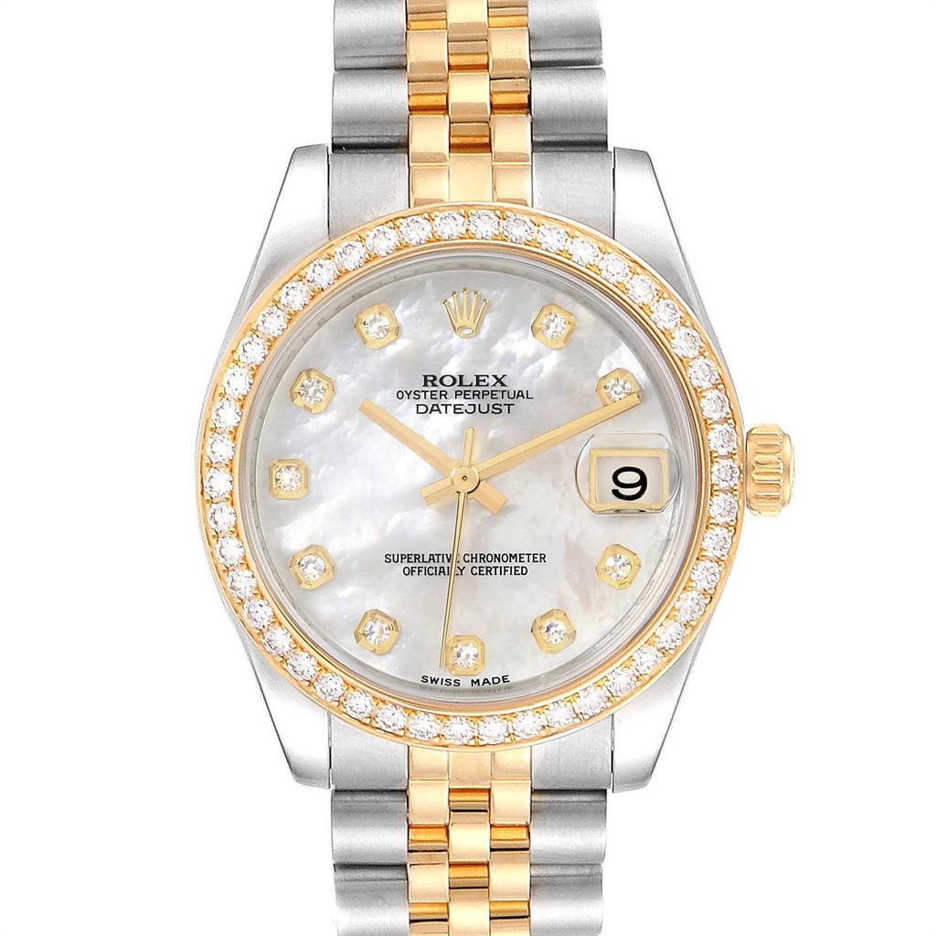 The image shows the front view of a Rolex Mid-Size 178383 Women
s Steel and Gold (two tone) Mother of Pearl Dial 178383 Women
s Steel and Gold (two tone) Mother of Pearl Dial Oyster Perpetual Datejust watch, highlighting the dial, bezel, and bracelet.