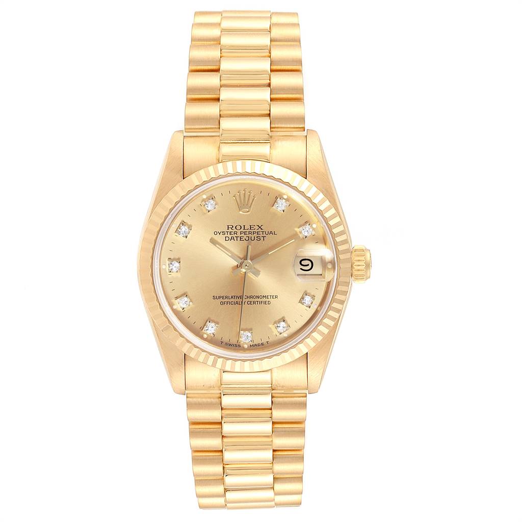 The image shows a frontal view of the Rolex Mid-Size 68278 Women's Yellow Gold Champagne Dial 68278 Women's Yellow Gold Champagne Dial Oyster Perpetual Datejust with a gold bracelet and diamond hour markers.