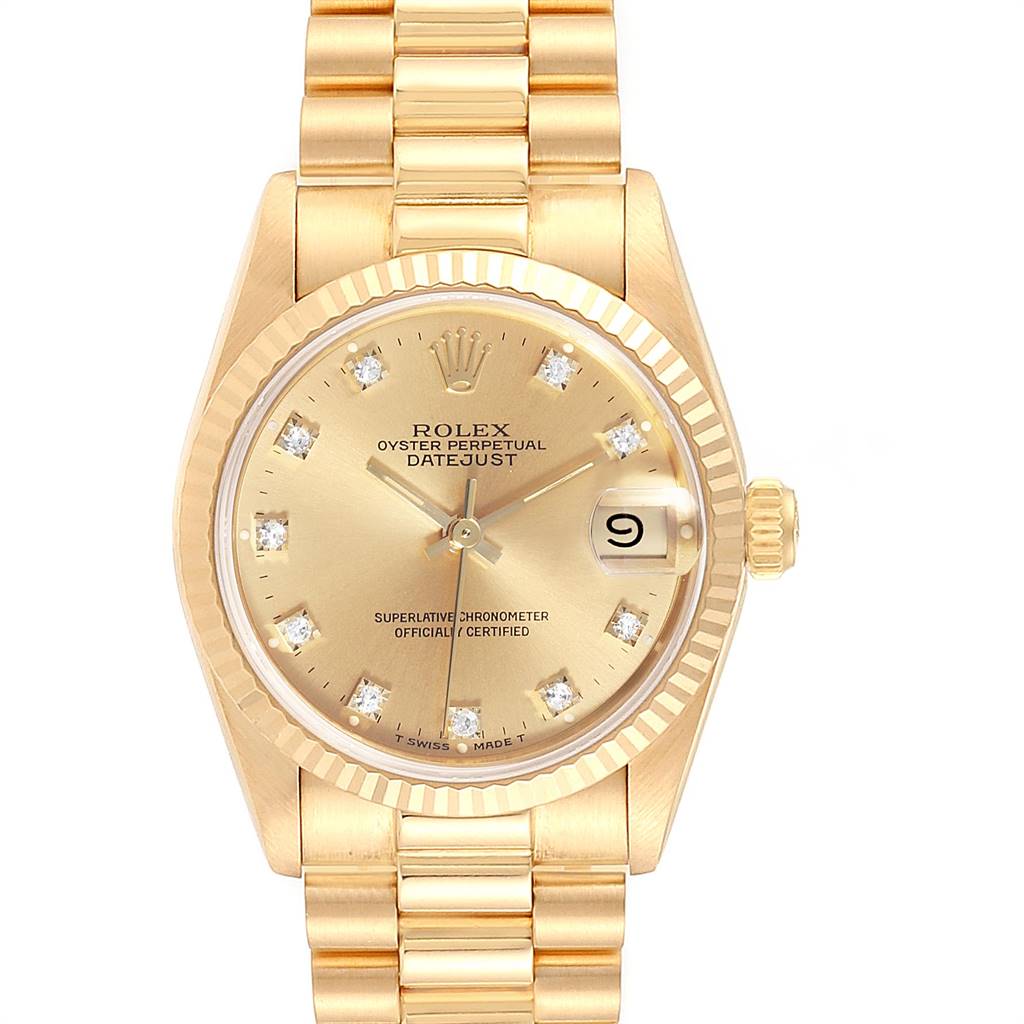 This image shows a front view of the Rolex Mid-Size 68278 Women's Yellow Gold Champagne Dial 68278 Women's Yellow Gold Champagne Dial Datejust watch, displaying its gold bracelet, dial, and date window.