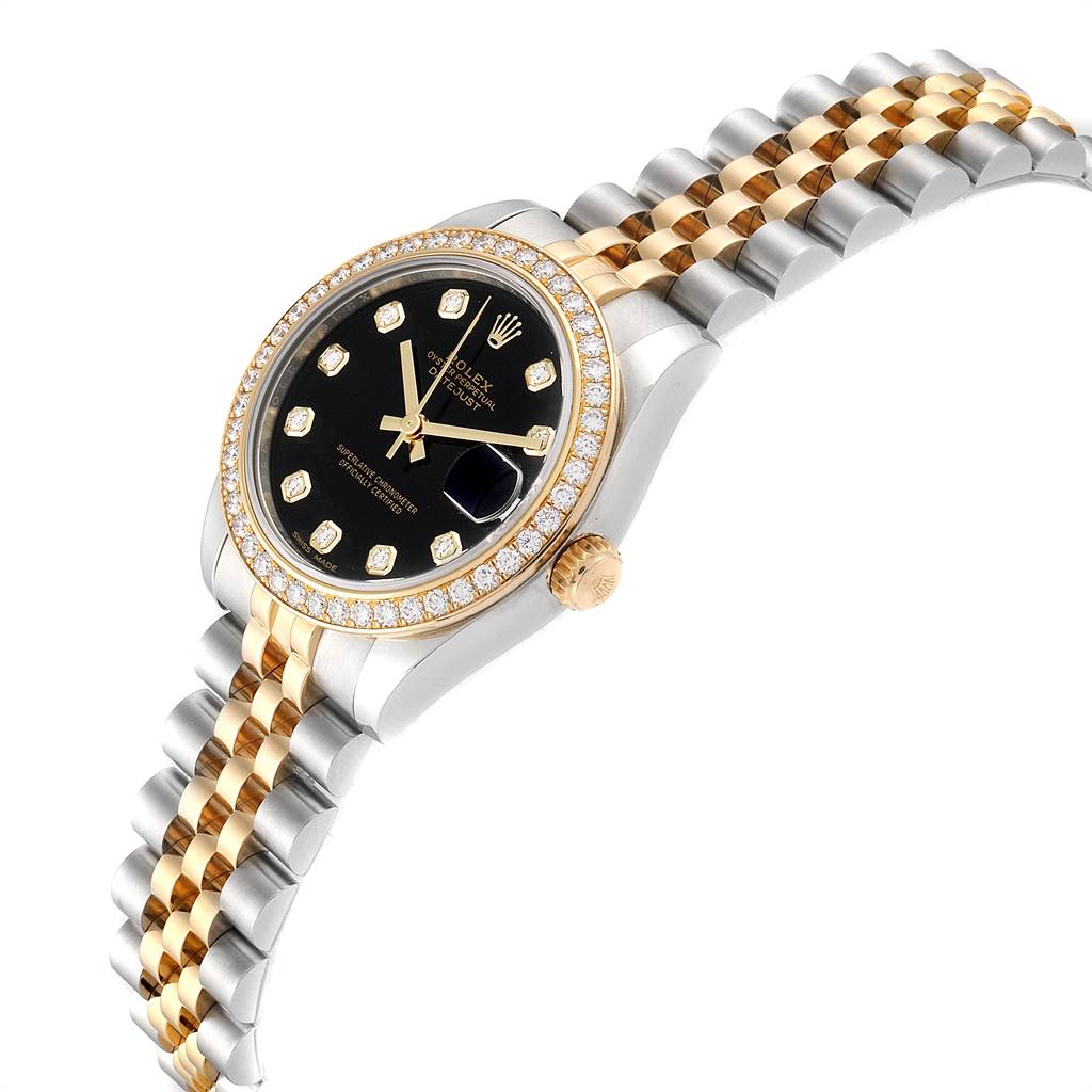 The Rolex Mid-Size 178383 Women's Steel and Gold (two tone) Black Dial 178383 Women's Steel and Gold (two tone) Black Dial model watch is shown at a three-quarter angle with focus on the dial, bezel, and two-tone bracelet.