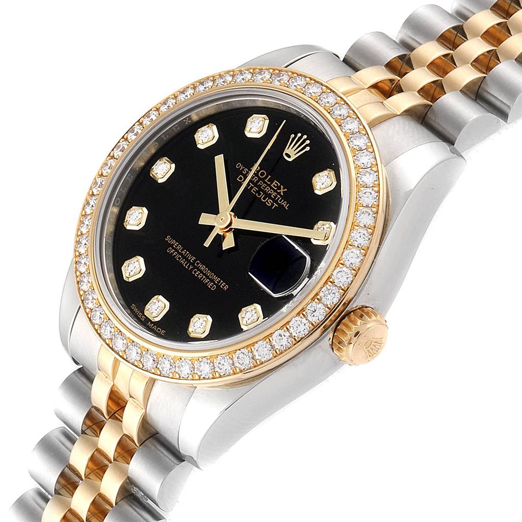 This image shows a Rolex Mid-Size 178383 Women's Steel and Gold (two tone) Black Dial 178383 Women's Steel and Gold (two tone) Black Dial Oyster Perpetual Datejust watch from an angled view, highlighting its bezel, dial, and bracelet.