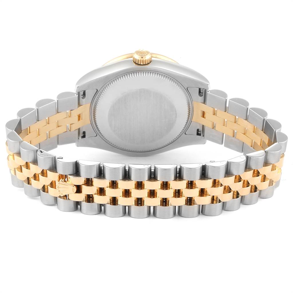 This is a rear view of the Rolex Mid-Size 178383 Women's Steel and Gold (two tone) Black Dial 178383 Women's Steel and Gold (two tone) Black Dial watch, showing the case back and part of the two-tone metal bracelet.