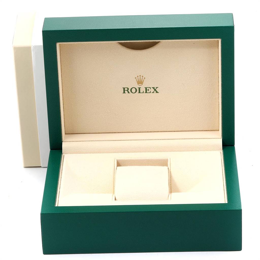 The image shows an open green and beige Rolex watch box for a Mid-Size model, with the Rolex logo on the inside lid.