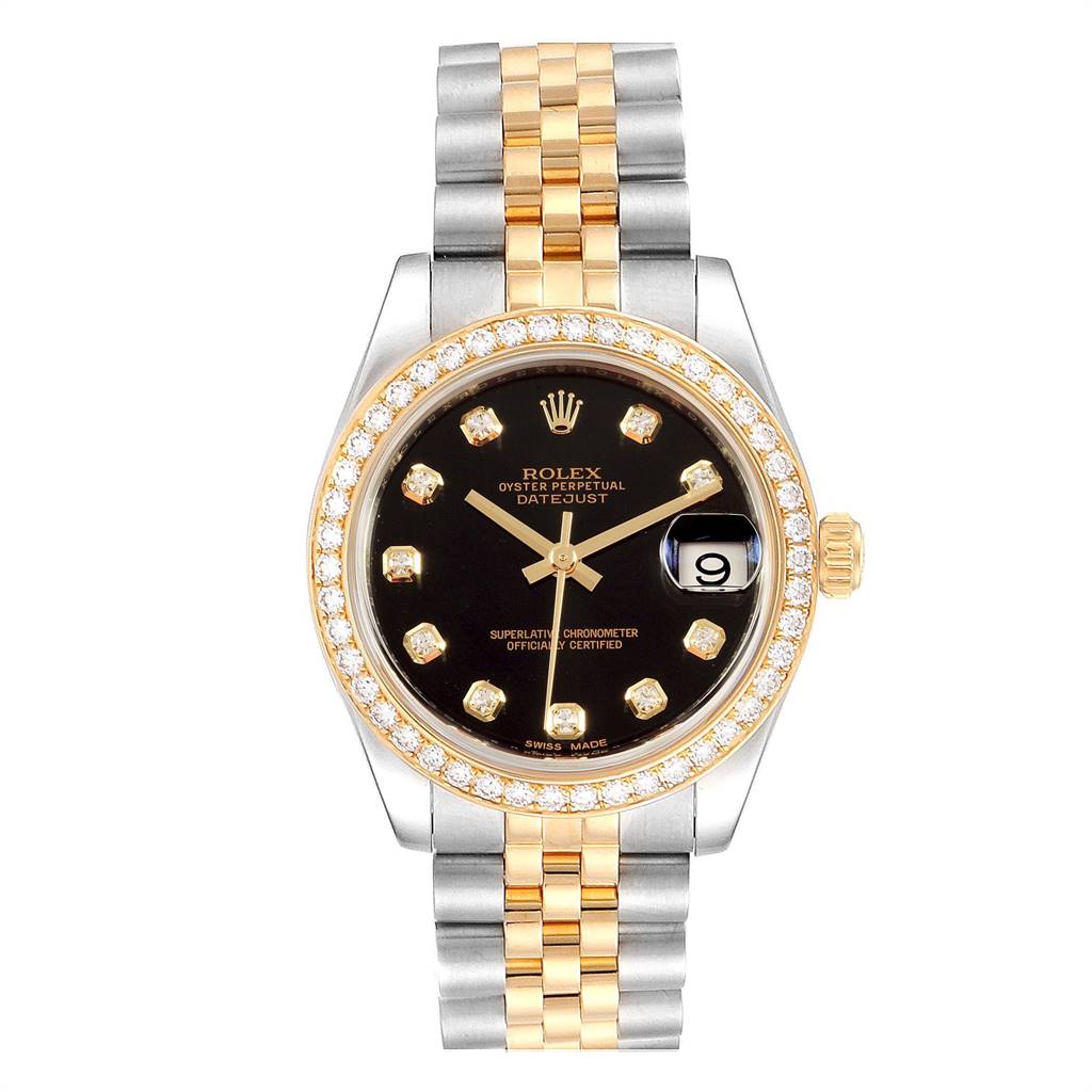 This Rolex Mid-Size 178383 Women's Steel and Gold (two tone) Black Dial 178383 Women's Steel and Gold (two tone) Black Dial model watch is shown from the front, highlighting its black dial, gold accents, and two-tone bracelet.