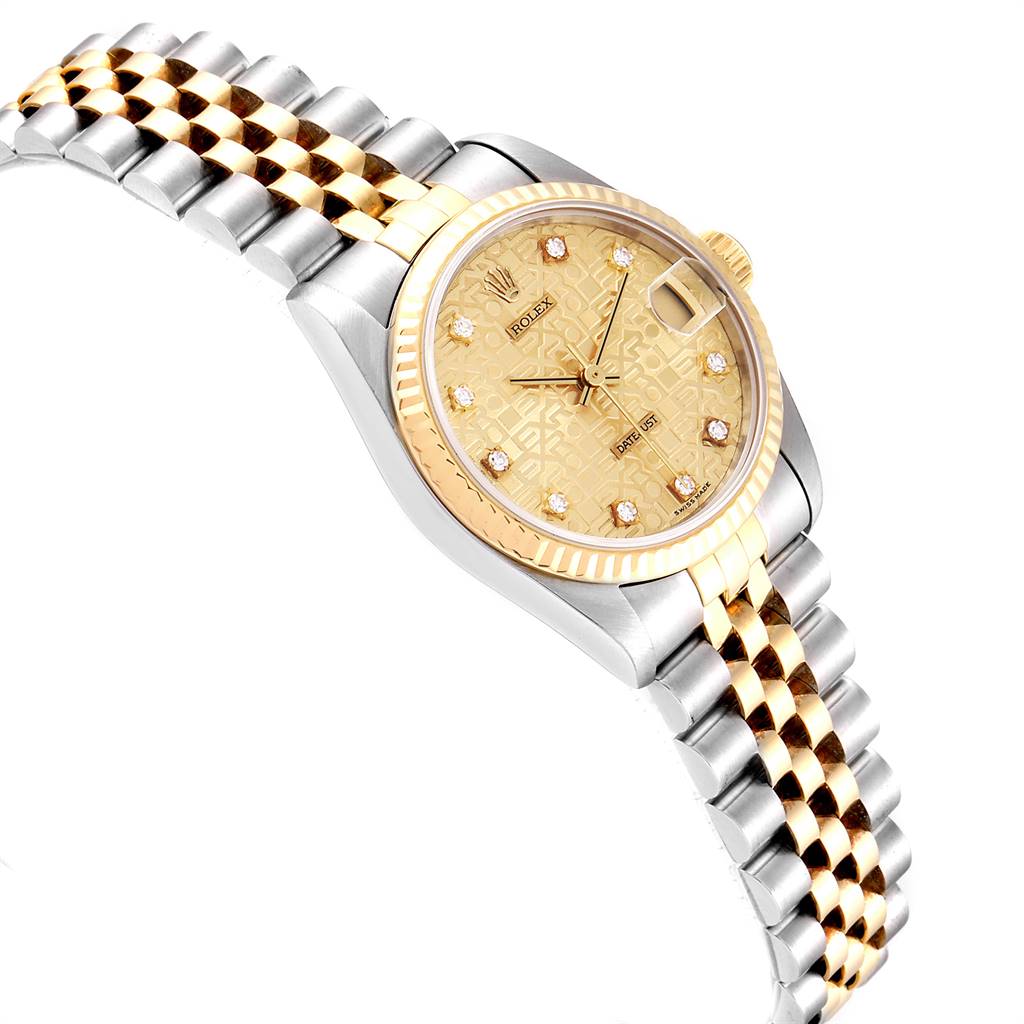 The image shows a Rolex Mid-Size 68273 Women's Steel and Gold (two tone) Champagne Dial 68273 Women's Steel and Gold (two tone) Champagne Dial watch from a top-side angle, highlighting the dial, bezel, and bracelet.