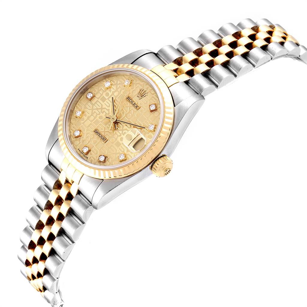 This Rolex Mid-Size 68273 Women's Steel and Gold (two tone) Champagne Dial 68273 Women's Steel and Gold (two tone) Champagne Dial watch is shown from a semi-side angle, displaying the face, bezel, crown, and two-tone bracelet.