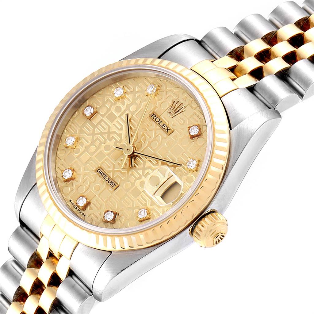 This image shows a Rolex Datejust Mid-Size model from an angle highlighting the face, bezel, crown, and part of the bracelet.