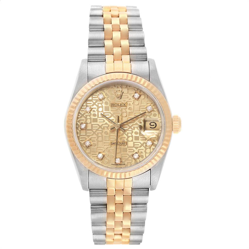 This Mid-Size Rolex watch is shown from the front, displaying the face, dial, bezel, and two-tone bracelet.