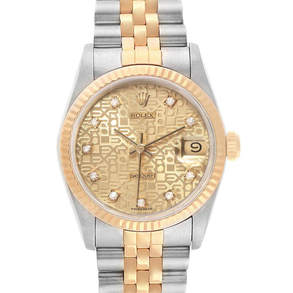 The image shows a Rolex Mid-Size 68273 Women's Steel and Gold (two tone) Champagne Dial 68273 Women's Steel and Gold (two tone) Champagne Dial Datejust watch from a front angle, highlighting its dial, bezel, and part of the bracelet.