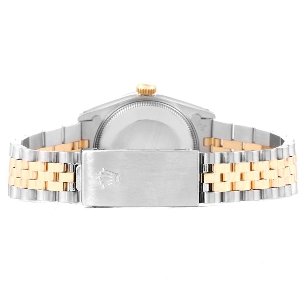 This image shows the back view of the Rolex Mid-Size 68273 Women's Steel and Gold (two tone) Silver Dial 68273 Women's Steel and Gold (two tone) Silver Dial model, highlighting the bracelet and clasp with the Rolex logo.