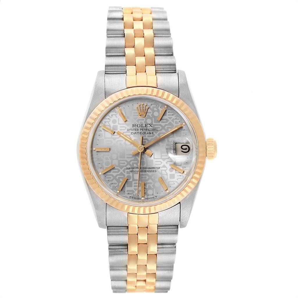 This image shows a front view of a Rolex Mid-Size 68273 Women's Steel and Gold (two tone) Silver Dial 68273 Women's Steel and Gold (two tone) Silver Dial Datejust watch, displaying its face, bezel, and bracelet.