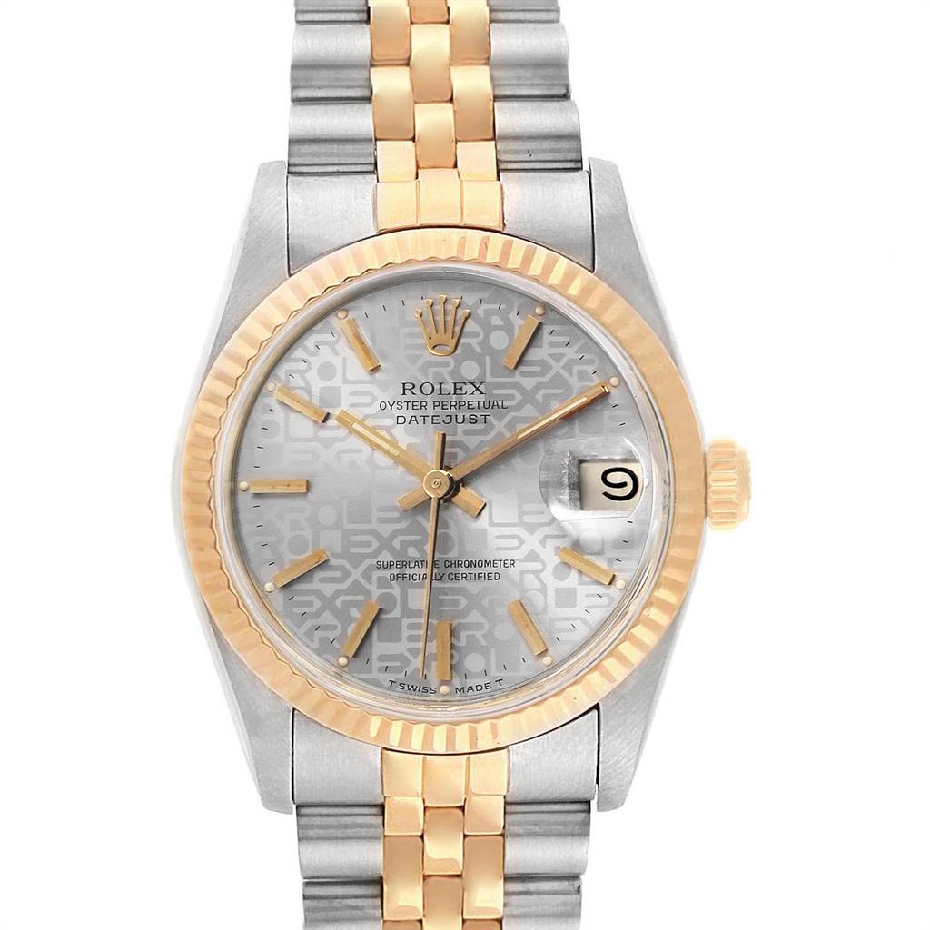 The image shows a front view of a Rolex Datejust Mid-Size watch, displaying its dial, bezel, and bracelet.