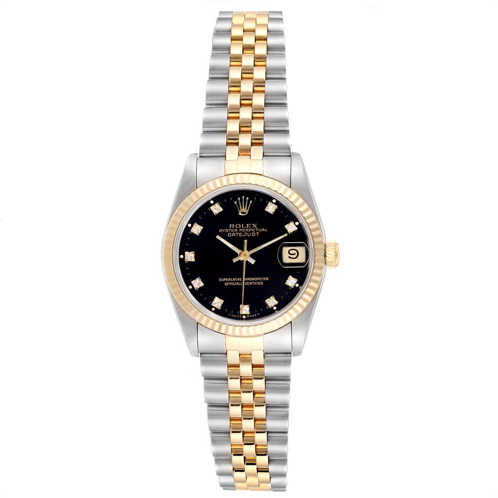 This image shows a Mid-Size Rolex Datejust watch from a front view displaying its dial, bezel, and two-tone bracelet.