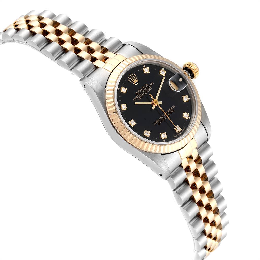 This image shows a Rolex Mid-Size 68273 Women's Steel and Gold (two tone) Black Dial 68273 Women's Steel and Gold (two tone) Black Dial watch in a side angle, highlighting its black dial, gold bezel, and two-tone bracelet.