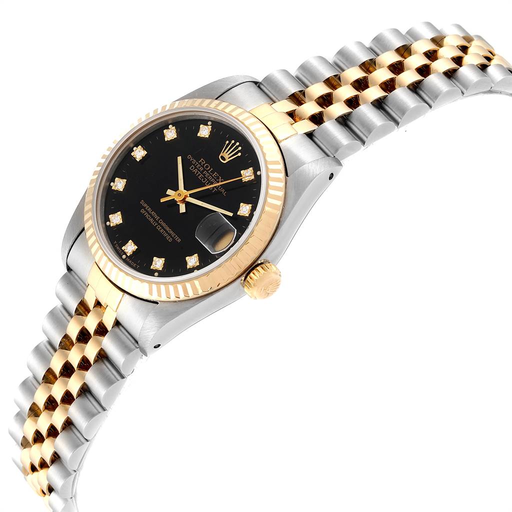 This image shows a side angle of the Rolex Mid-Size 68273 Women's Steel and Gold (two tone) Black Dial 68273 Women's Steel and Gold (two tone) Black Dial watch, highlighting its black dial, gold bezel, and two-tone metal bracelet.
