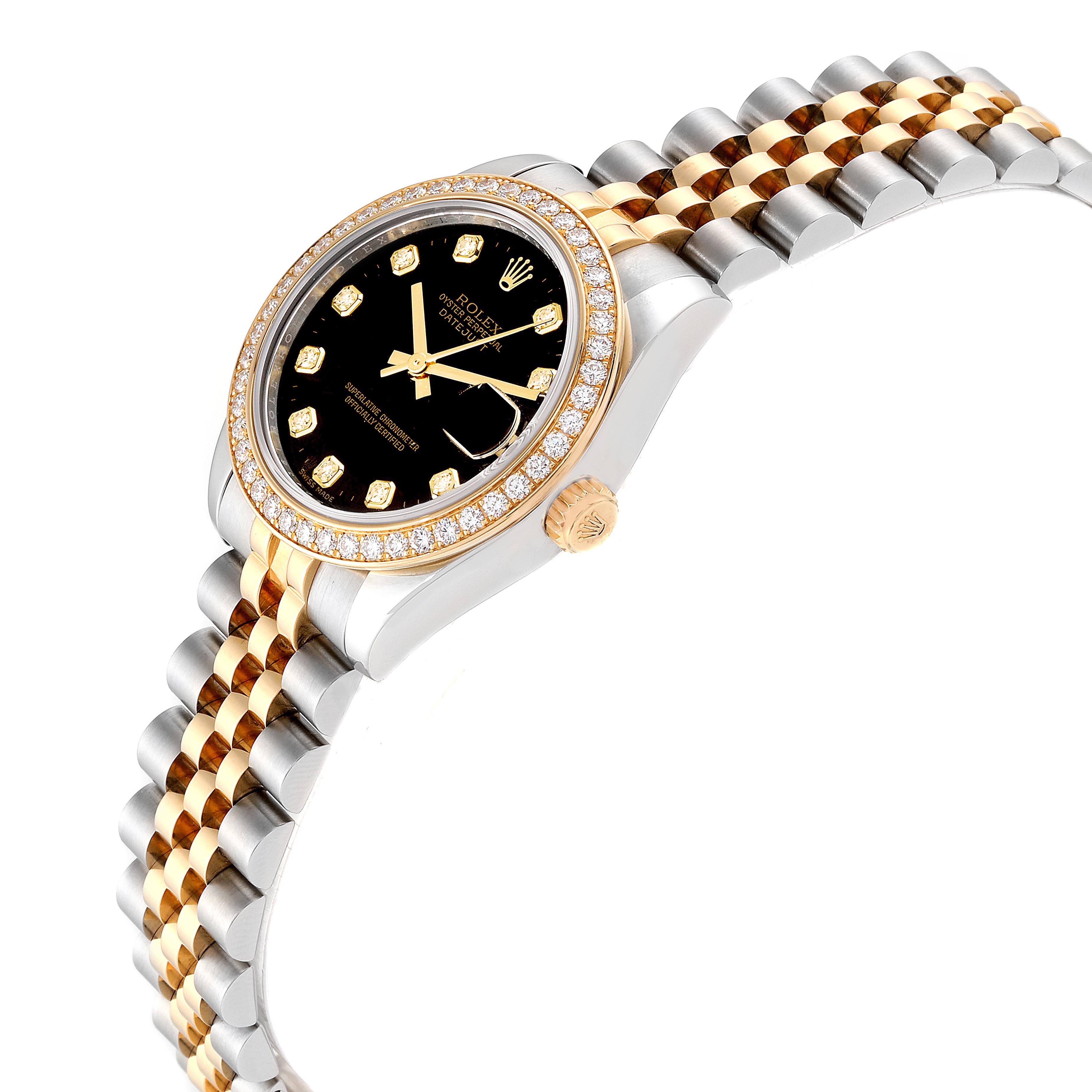The image shows a Rolex Mid-Size 178383 Women's Steel and Gold (two tone) Black Dial 178383 Women's Steel and Gold (two tone) Black Dial watch at an oblique angle, highlighting the bezel, crown, dial, and bracelet.
