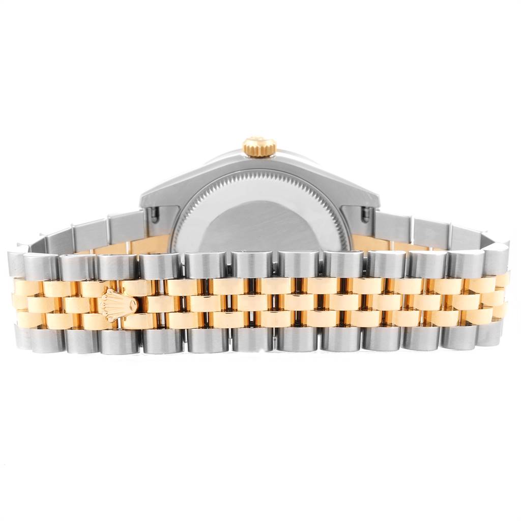 The image shows the back view of a Rolex Mid-Size 178383 Women's Steel and Gold (two tone) Black Dial 178383 Women's Steel and Gold (two tone) Black Dial model watch, focusing on its two-tone bracelet and clasp.