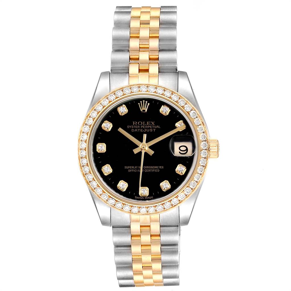 This image shows a Rolex Mid-Size 178383 Women's Steel and Gold (two tone) Black Dial 178383 Women's Steel and Gold (two tone) Black Dial Datejust watch, displaying its face, bezel, crown, and Jubilee bracelet.