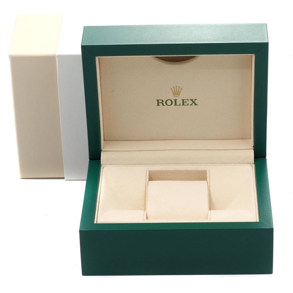 This image shows an open Rolex Mid-Size 178383 Women's Steel and Gold (two tone) Black Dial 178383 Women's Steel and Gold (two tone) Black Dial model watch box and an outer sleeve, from a straight-on angle.