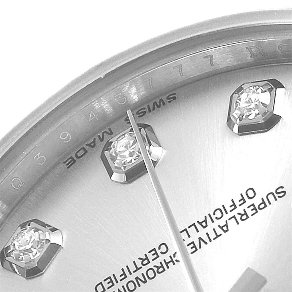The image shows a close-up angle of the dial, diamonds, and part of the text on a Rolex Mid-Size 178274 Women's Stainless Steel Silver Dial 178274 Women's Stainless Steel Silver Dial watch.