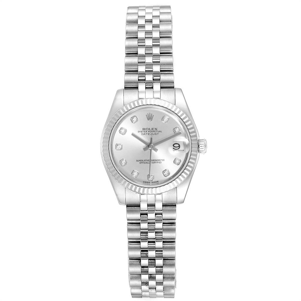 The image shows a front view of the Rolex Mid-Size 178274 Women's Stainless Steel Silver Dial 178274 Women's Stainless Steel Silver Dial model, displaying the dial, bezel, crown, and the bracelet.